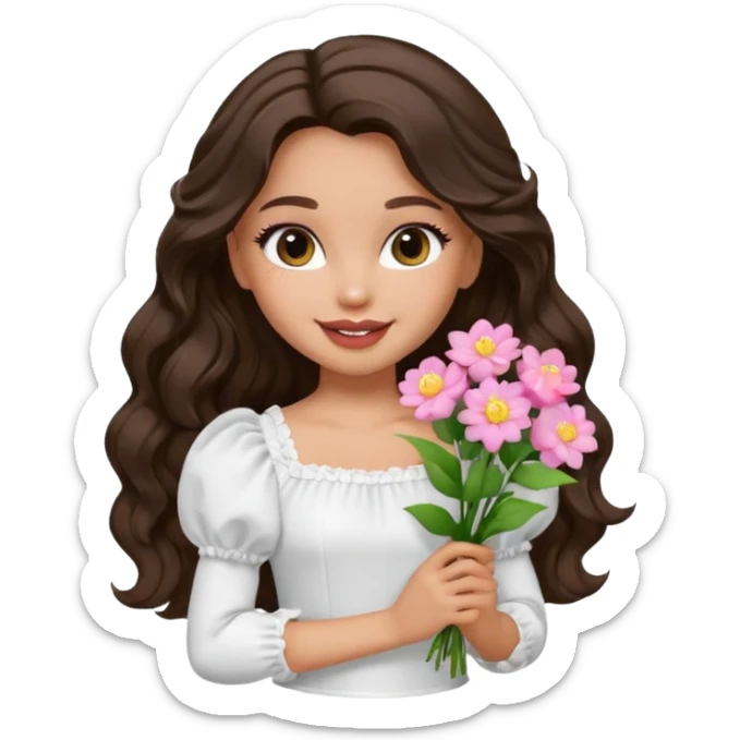generate a pretty bratz girl with in a white puff sleeve top.  light lipgloss on . dark Brown wavy hair long. carrying flowers  sticker
