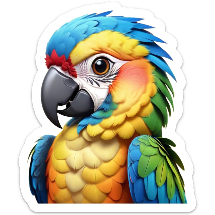 Cinematic Cute Macaw Portrait Emoji, Head tilted playfully and inquisitively, with a dazzling array of colorful plumage and round, sparkling eyes filled with charm, Simplified yet irresistibly adorable features, highly detailed, glowing with a warm, friendly tropical glow, high shine, affectionate and lively, stylized with a touch of whimsical vibrancy, bright and endearing, soft glowing outline, capturing the essence of a mischievous yet loving parrot that seems as if it could flutter out of the screen into your arms! sticker