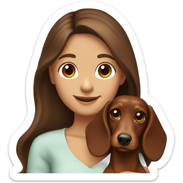 a smiling girl with brown long hair and brown eyes holding a dachshund in her arms sticker