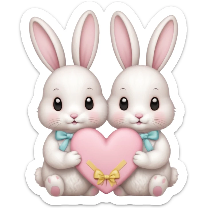 Two bunnies holding one Valentine card in soft pink, beige and yellow pastel colors sticker