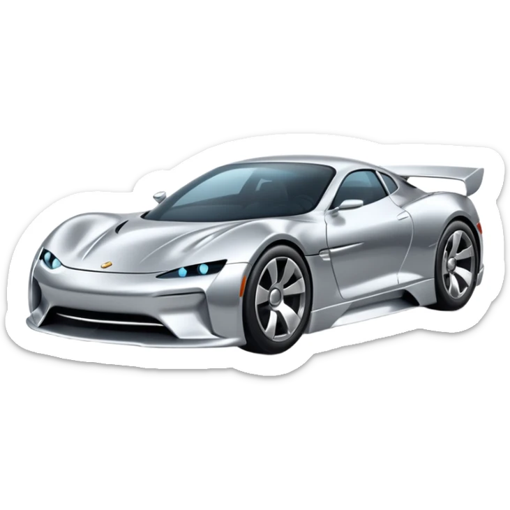 A low-profile futuristic car emoji made of polished silver chrome, wide body stance, smooth aerodynamic shape, glossy metallic surface, soft reflections, luxury swag aesthetic, minimal details, iOS emoji style, centered on clean white background, studio lighting sticker