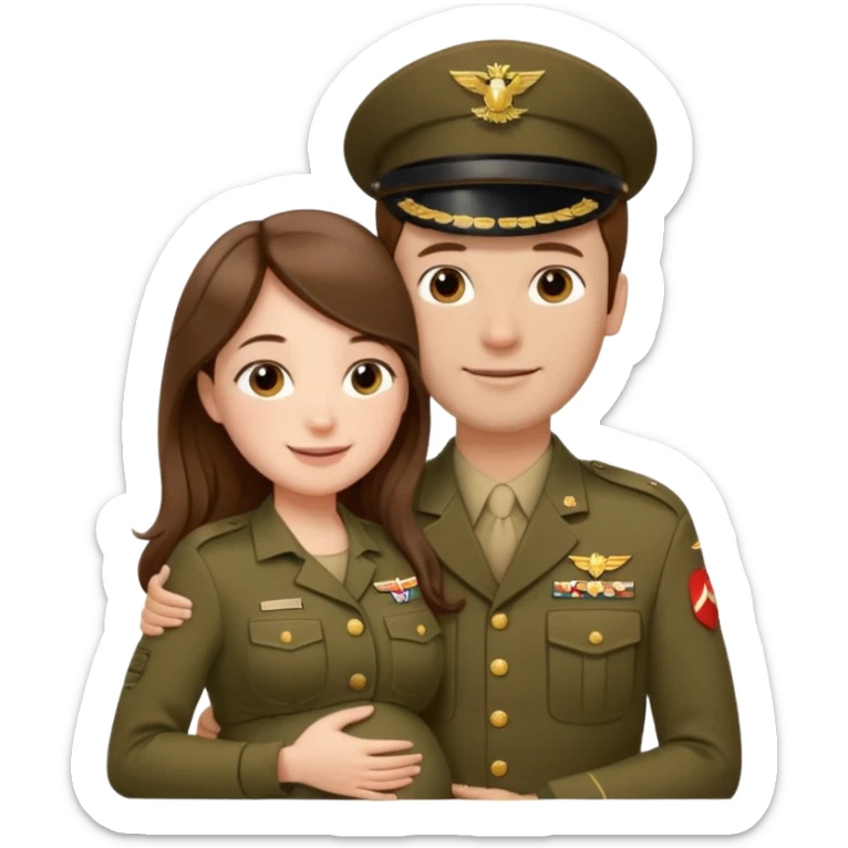 
"Pregnant woman with long brown hair and fair skin, and man with short brown hair and fair skin (without a mustache), wearing a brown military uniform, hugging and smiling."
 sticker