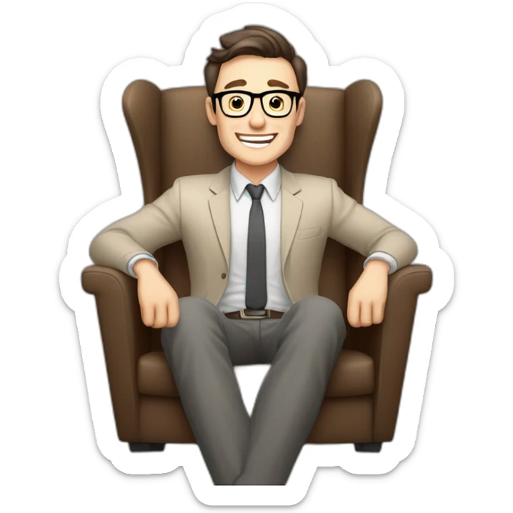 Joyful Celebrating victory Hands up Pale skinned Fit Man With dark brown hair in gray jacket, beige office shirt, Brown pants and vintage glasses sitting In a soft chair sticker