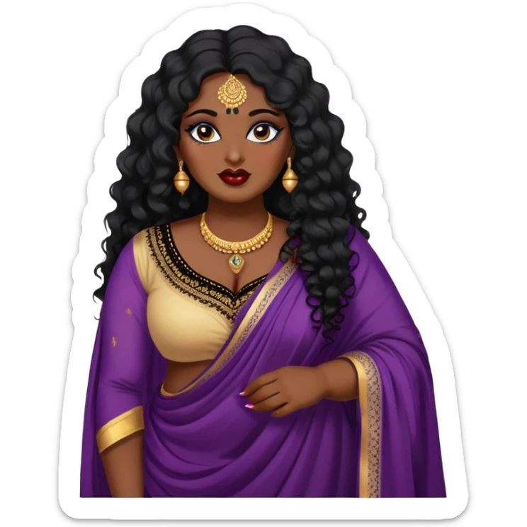 big plus size, dark skin, long black curly hair, baddie,pretty, makeup, lipgloss, black eyeliner, loose dupatta, indian
 sticker
