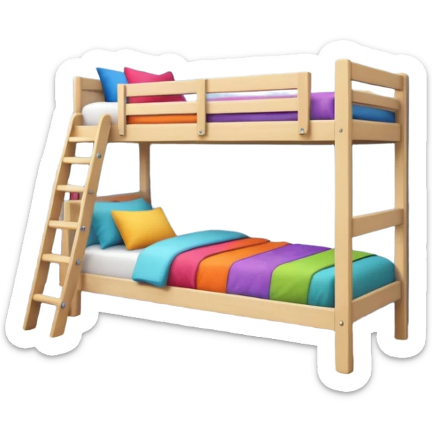 "Cozy bunk bed in a bright bedroom, wooden frame, colorful bedding, small ladder, soft natural light, realistic and detailed." sticker