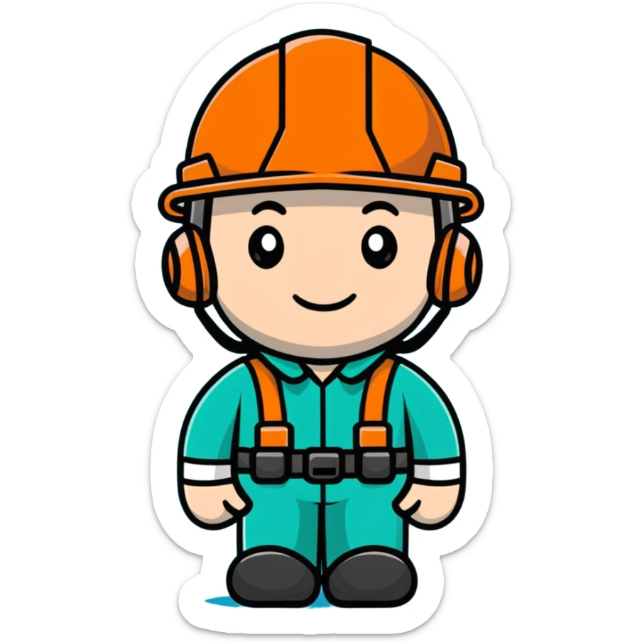 Male oil rig worker in uniform and safety helmet, minimalist design with soft gradients in sky blue, teal green, white, and light gray sticker