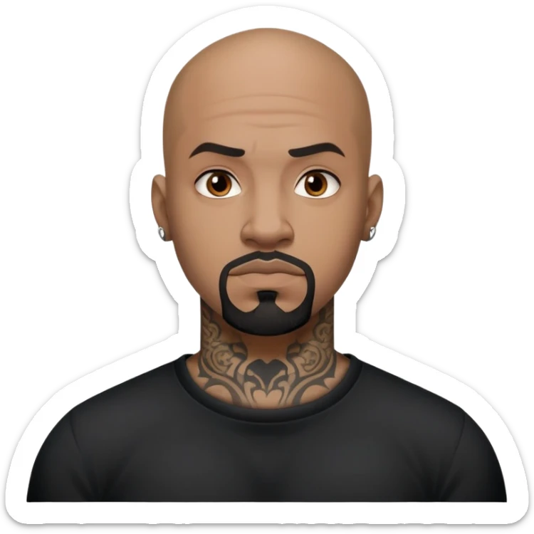 đàn ông 30 tuổi, da đen, đầu trọc, râu quai nón đen, có hình xăm trên mặt, áo đen, mặt nghiêm túc sticker