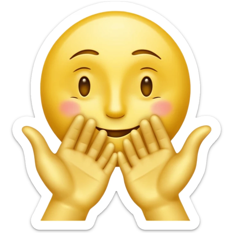 yellow emoji smiley face, eyes half-closed in satisfaction, gently kissing its own golden glowing hands, hands radiate light symbolizing craftsmanship and talent, bold lines, smooth shading, high-contrast, minimal details, transparent background, emoji style sticker