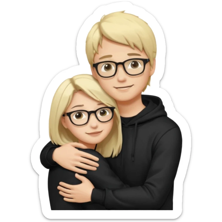 Joven de pelo rubio corto y piel blanca con lentes con poleron negedro abrazando por detrás a una joven de pelo negro largo con partidura al medio, de piel morena con sus manos en los brazos del joven aceptand su abrazoemoji sticker
