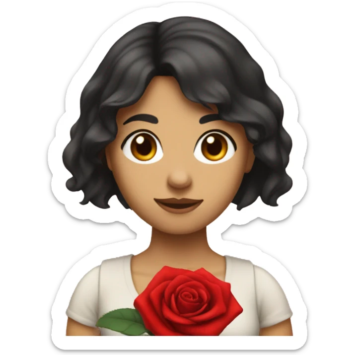 A women named rose, with dark hair bangs and holding a red red rose in one hand sticker
