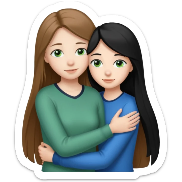 una ragazza dall‘ età di 19 anni con capelli castani chiaro lunghi e lisci ,  occhi celesti,  e una ragazza di 17 anni capelli neri occhi verdi che si abbracciano   sticker