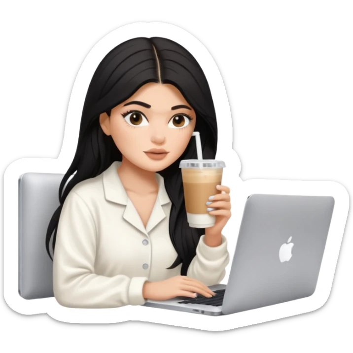Kylie Jenner with her sexy face and long hair, make it 1 tone lighter. She's learning on macbook watching the screen, she wears a white Skims pajama and she's drinking 1 tasty iced latte with a straw sticker