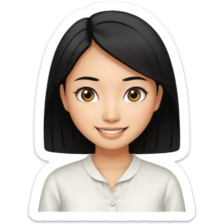 30 yr old asian woman center parted hair big eyes big smile tanned skin straight black hair hippie part hair white blouse sticker
