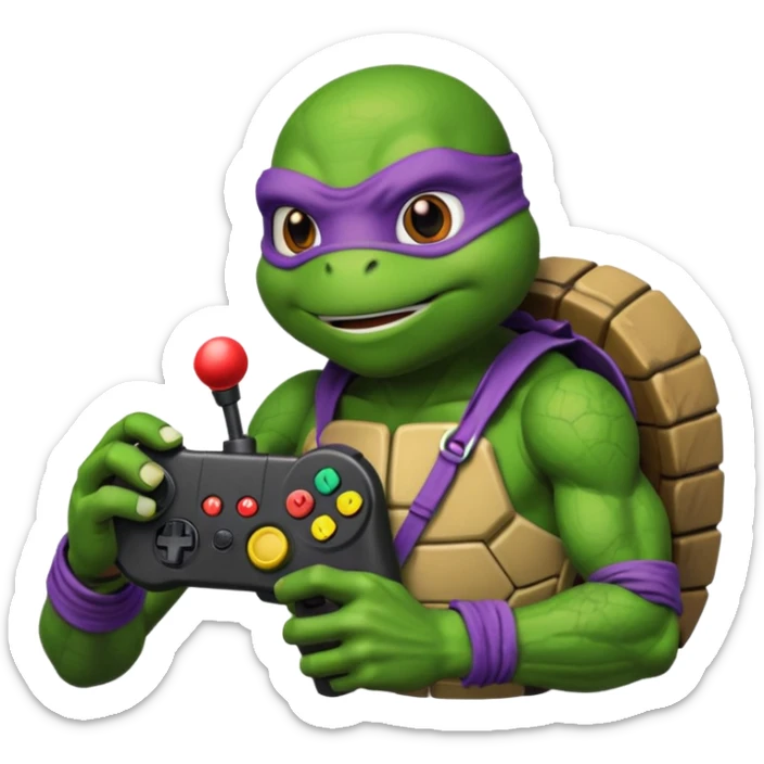 Donatello from Teenage Mutant Ninja Turtles, emoji style, playing a video game with a joystick sticker