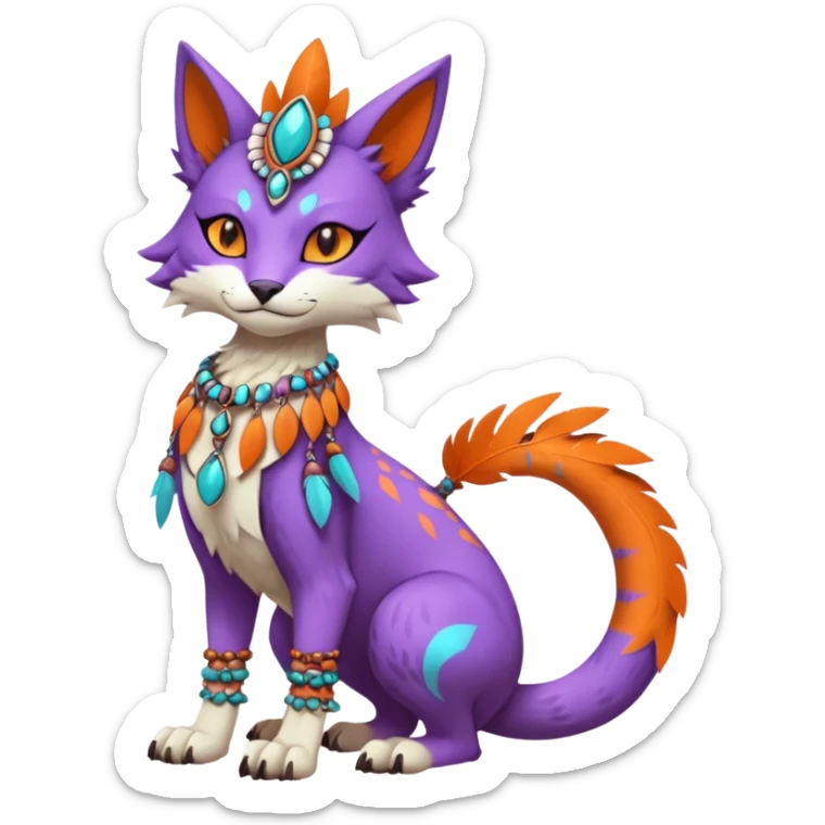 Kawaii cute orange purple turquoise exotic tribal beautiful pretty elegant divine edgy feline-vernid-sergal-Fakémon-Pokémon-Digimon-fursona-animal-creature with bracelet, necklace, full body, with intricate detailed markings, feather headdress  sticker