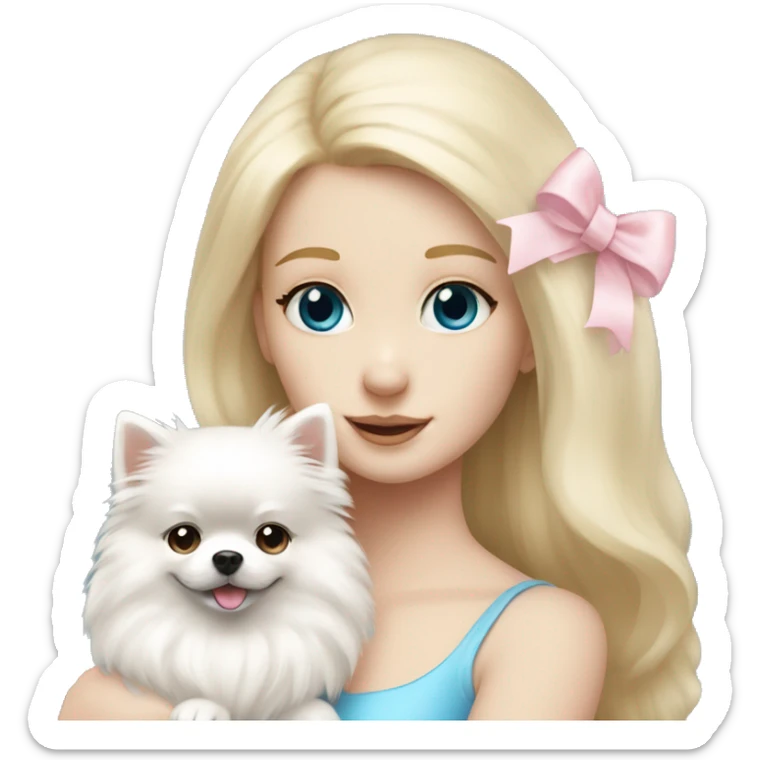 Blond girl white skin blue eyes hugging white Pomeranian with light pink bow sticker