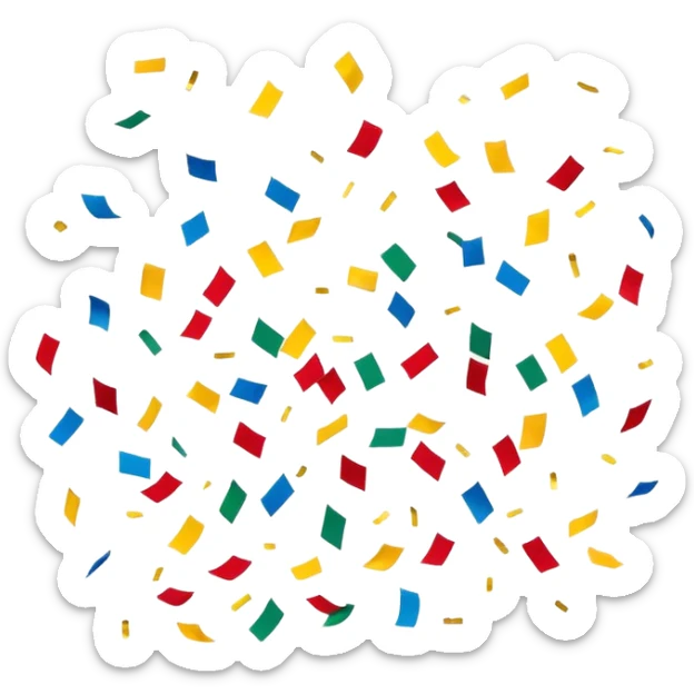 Colorful confetti pieces floating in the air, scattered randomly with a sense of motion. The confetti includes small paper strips and round shapes in vibrant colors like red, blue, yellow, and green. Soft shadows and subtle transparency give a light and festive feel. Flat, modern illustration, clean and minimal, white background. sticker