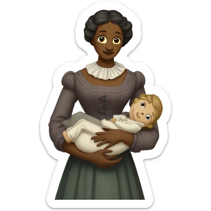 A 19th century woman with a child in her arms. There is a big letter "A" on the dress sticker