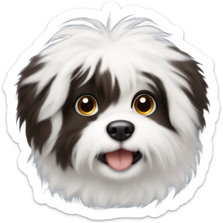 A fluffy small dog with black fur and white fur on his chest in a heart and on his chin like a beard. Long floppy ears and dark brown eyes sticker