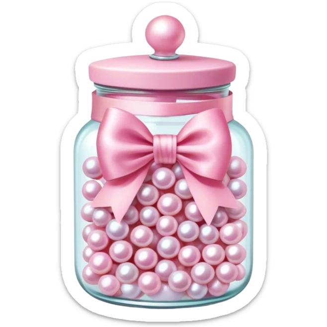 "A glass jar filled with pink candy pearls, tied with a silky ribbon bow, soft pastel colors." sticker