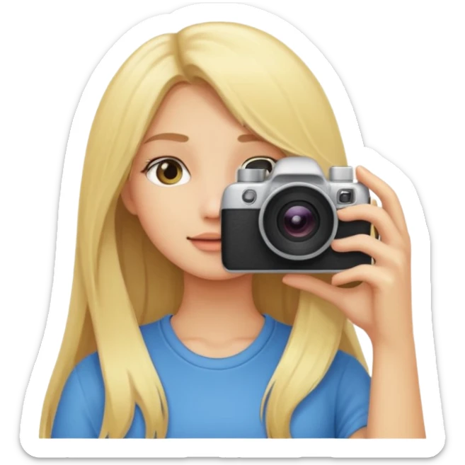 blonde cartoon girl taking picture camera in front of her face long hair sticker