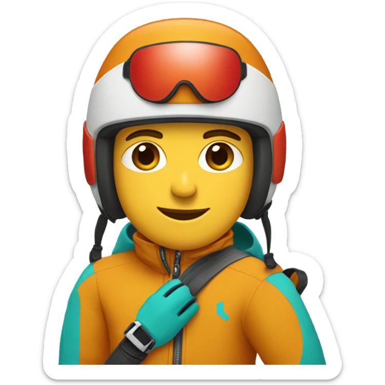 white man skiing wearing a dark yellow orange jacket and a red helmet and turquoise pants sticker