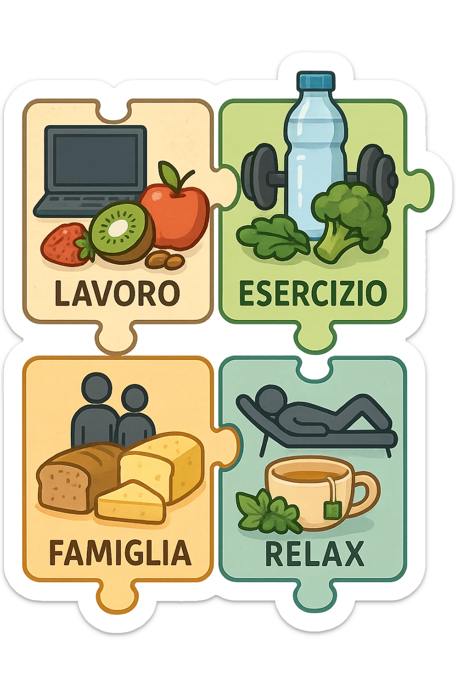 Puzzle (Lavoro, Esercizio, Famiglia, Relax), in lavoro metti icona di un PC, in Esercizio un Manubrio, in Famiglia una famiglia, in Relax qualcuno che riposa and healthy foods are integrated into each piece. in italiano sticker