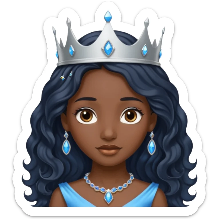 Por favor hazme el emoji de la princesa pero morena con el pelo negro y ondulado y largo, los ojos marrones y la corona plateada con jollas azules sticker