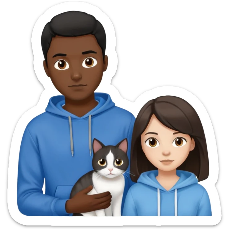 dark-skinned man with black hair and a black sweatshirt and a white girl with brown hair, a blue top, and a gray and white cat sticker