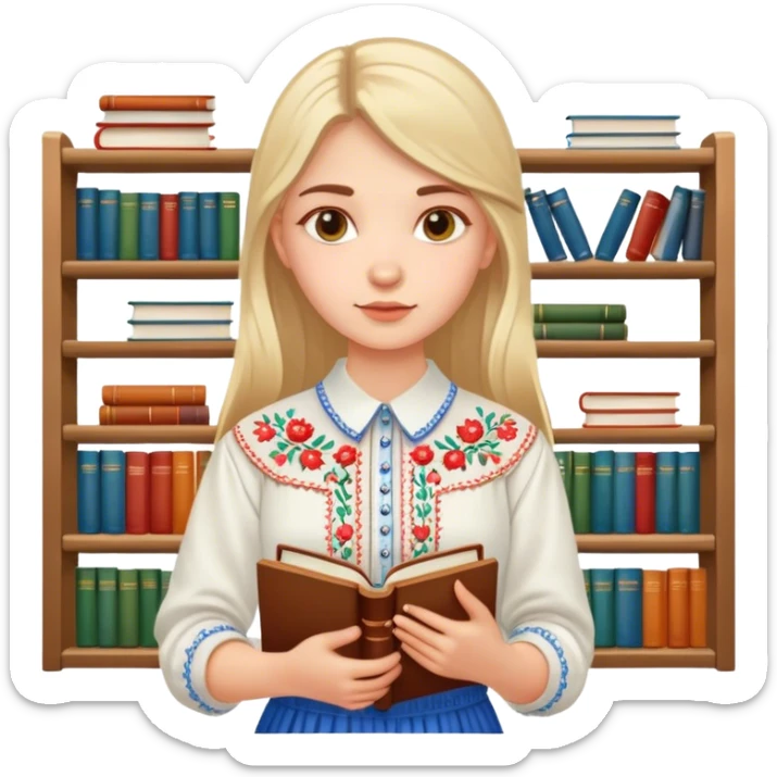 A Ukrainian girl in an embroidered shirt holds many books sticker