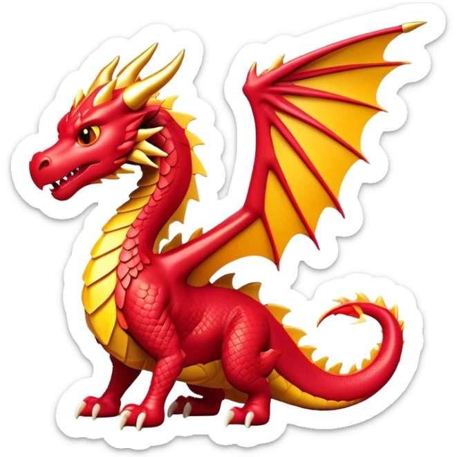 Clash of Clans aesthetic: Cinematic fierce Dragon Emoji, rendered in a 3D vector-style similar to standard emojis with minimal shading and bold, simplified shapes. A compact, isometric dragon with majestic wings and intricately scaled details, softly glowing with a legendary, mythical charm. Simplified yet unmistakably iconic, highly detailed and consistent, glowing with a soft radiant brilliance and high shine. Stylized with a touch of fantastical might and a soft glowing outline, capturing the essence of a mighty dragon with a friendly, playful demeanor! sticker