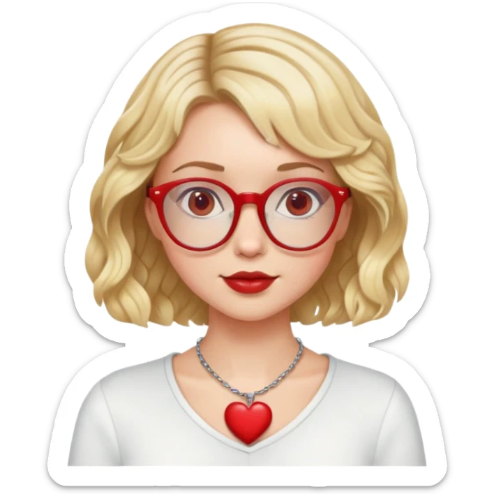 white girl head with short wavy blonde bob hair, red round glasses, heart necklace sticker