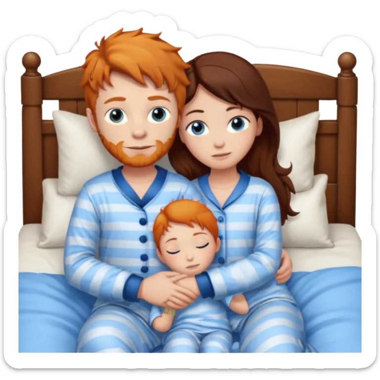 Ginger boy hugging girl with very dark brown hair. Both have blue eyes. They are in bed.  sticker