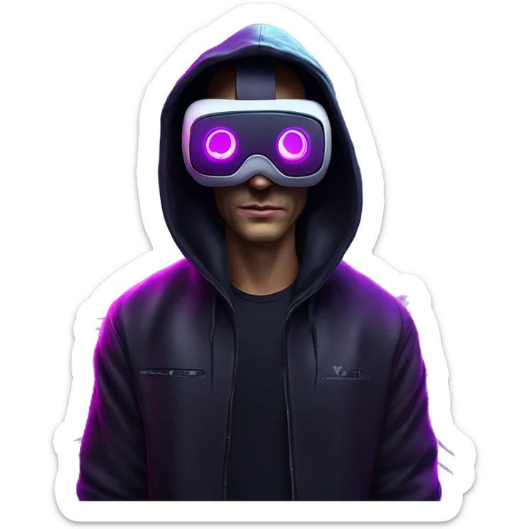 Russian man wearing a black hoodie with "OMG" letters on it and VR headset in a cyberpunk VR environment with violet neon lighting. sticker