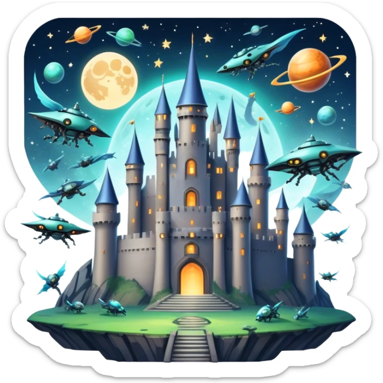 Icon for Fantasy and Sci-Fi Movies: A magical collage with flying dragons. futuristic spaceships and UFOs. Stars and planets shimmer in the background with a mystical castle Hogvards an ancient wizard and robots. The atmosphere is epic, otherworldly and adventurous. Transparent background. sticker