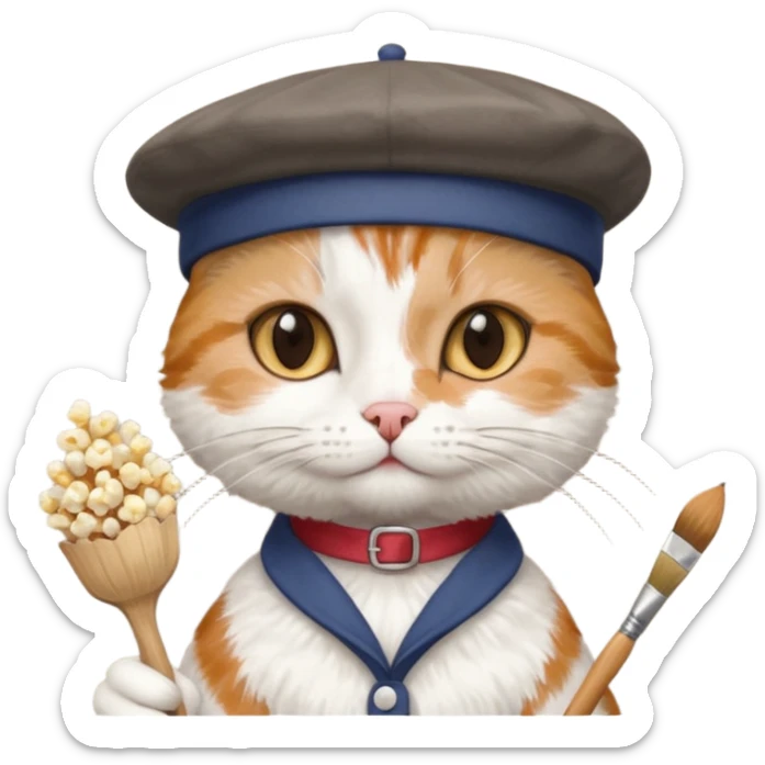 A cat that is an artist similar to the "meow_popcorn" emoji sticker