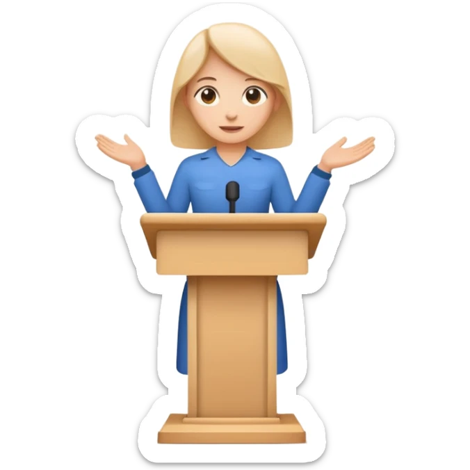 Minimal startup-style emoji icon of a person presenting behind a podium, flat vector illustration, friendly proportions, simple lines, modern SaaS pitch deck style, white background sticker