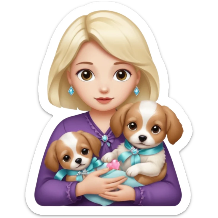 woman holding baby dogs with ribbons and crystals sticker