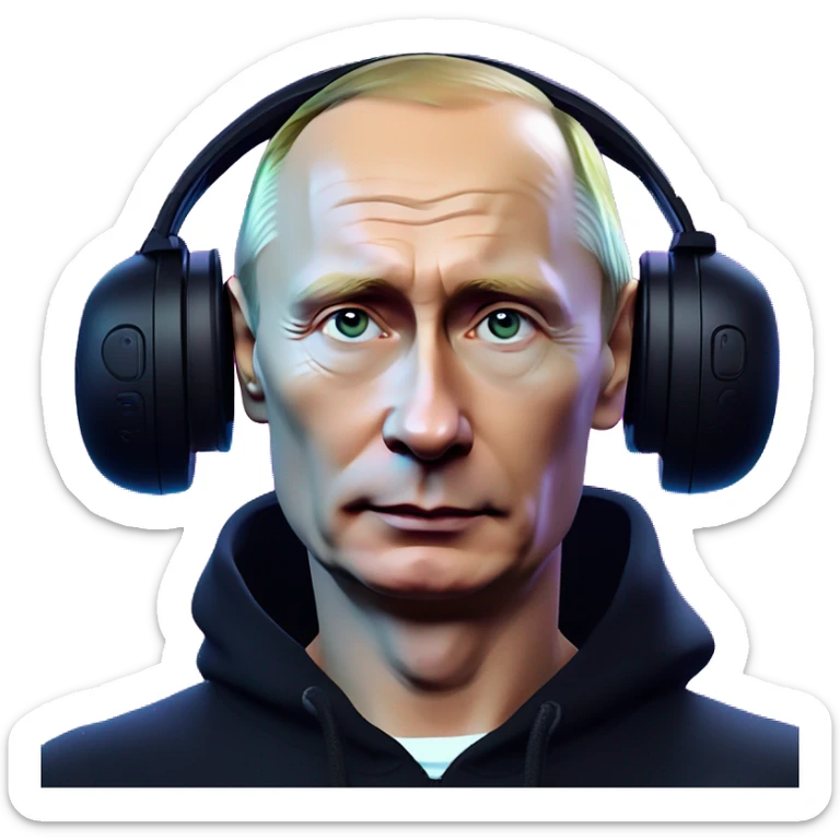Vladimir Putin wearing a black hoodie with "OMG" letters on it and VR headset oculus quest 2 in a cyberpunk VR environment with violet neon lighting. sticker