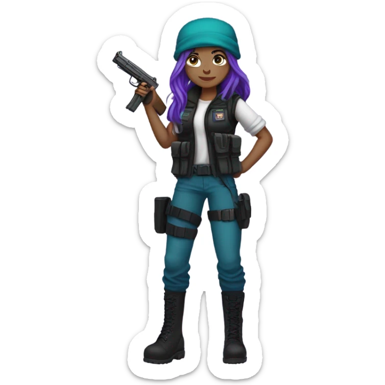 Girl, white skin, tactical vest, dark pants, long teal purple hair, blue eyes, purple beanie hat, gun, black combat boots sticker