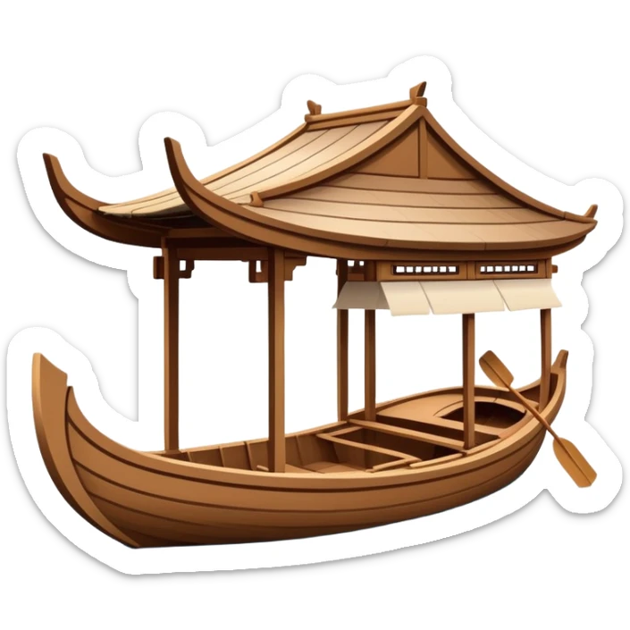 Traditional Chinese wooden boat on West Lake Hangzhou, simplified cute emoji style, wooden rowing boat with canopy, cartoon style sticker