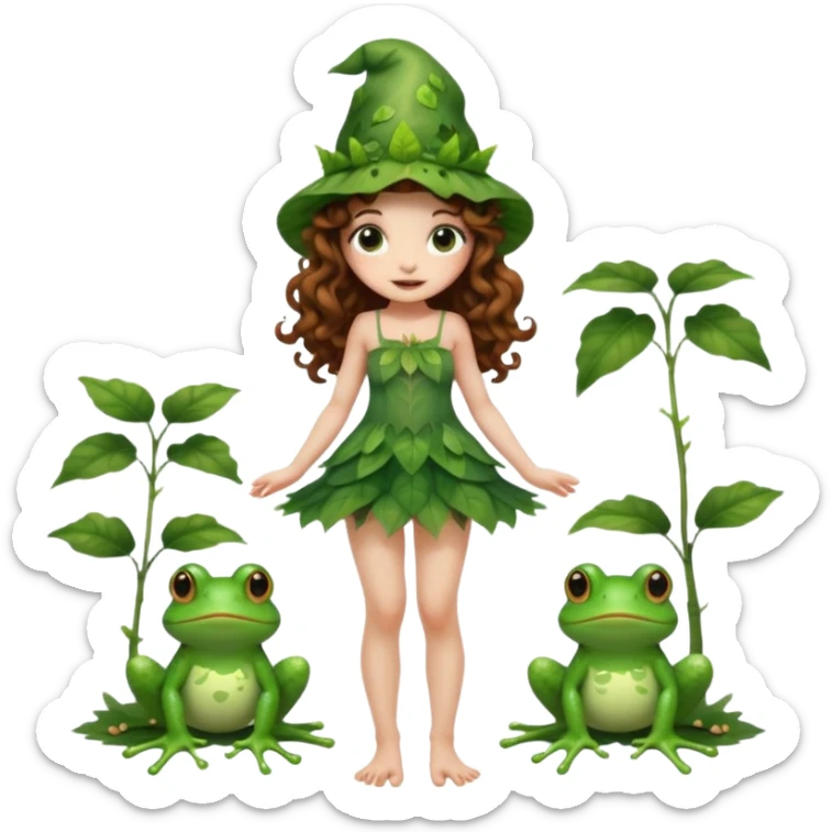 full body woman long curly brown hair brown eyes white skin tattoos wearing cute frog hat and sheer leaf dress, barefoot, flirty forest fairy pose sticker