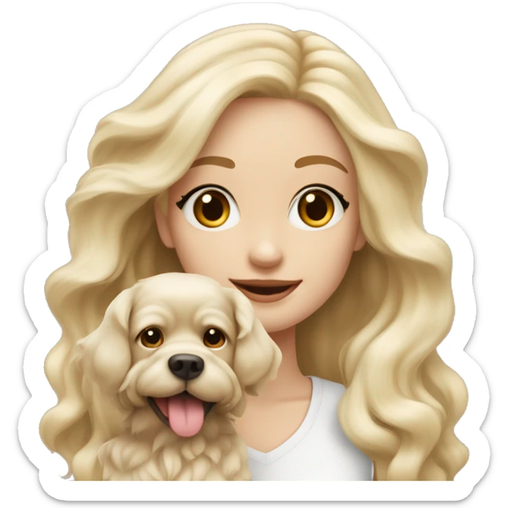 White blonde long wavy hair girl holding a cute multipu dog with short ears wavy beige fur sticker