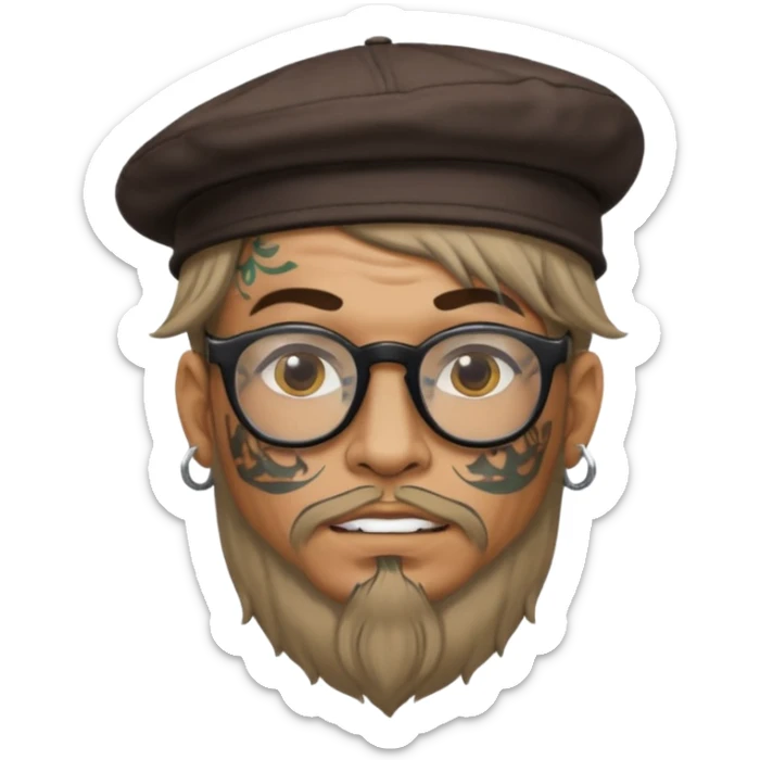 very tattoed face, normal glassess, fat venice gondolier with iconic hat and thick hair sticker