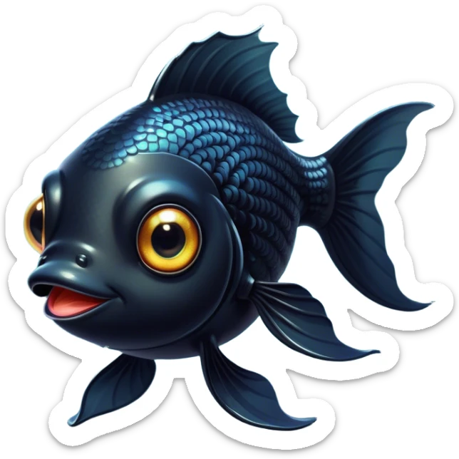 Cinematic Cute Black Goldfish Portrait Emoji, Head tilted playfully and inquisitively, featuring a glossy, deep black body with shimmering scales and round, sparkling golden eyes filled with curiosity, Simplified yet irresistibly adorable features, highly detailed, glowing with a warm, friendly glow, high shine, affectionate and lively, stylized with a touch of whimsy, bright and endearing, soft glowing outline, capturing the essence of a mischievous yet loving goldfish, so playful it feels like it could swim out of the screen and into your heart! sticker