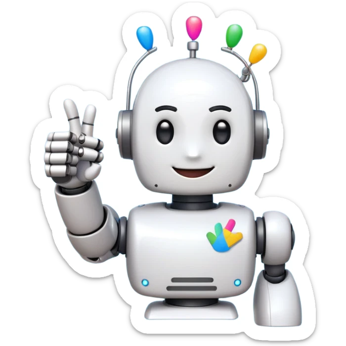 cute 2D cartoon emoji of a robot hand giving a thumbs up, with a small 'AI' badge and colorful confetti, signaling AI assistance in a lighthearted style, in the style of standard Slack emojis sticker