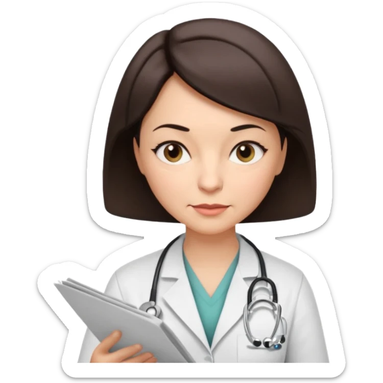 A female doctor in her 50s with visible facial wrinkles, dark brown short bob hair, her body turned slightly at an angle, with her gaze clearly directed downward and fixed on the medical chart she is reviewing. sticker