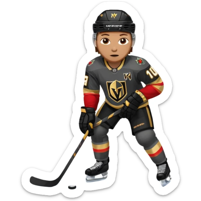 A hockey player in a Vegas Golden Knights black & gold jersey, red accent glow, centered stance, stick on the ice, faceoff position sticker
