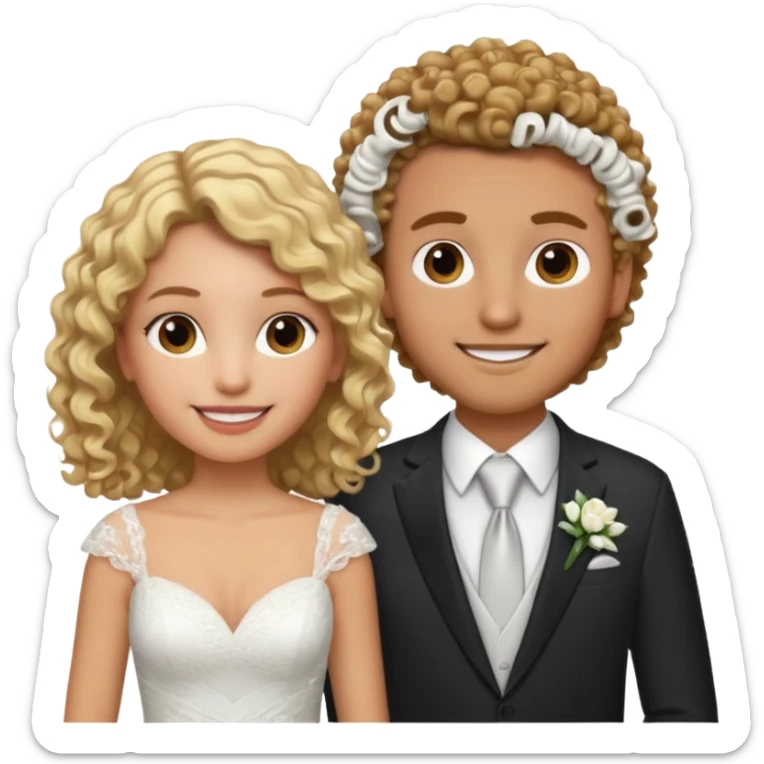 Blonde girl with light brown skin in wedding dress curly hair with white men next too her with a suit on and straight brown  hair smiling  sticker
