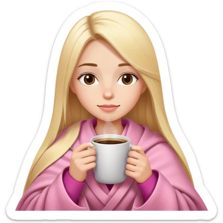 Long blonde straight hair girl drinking coffee, almond dark brown eyes, pink blanket sticker